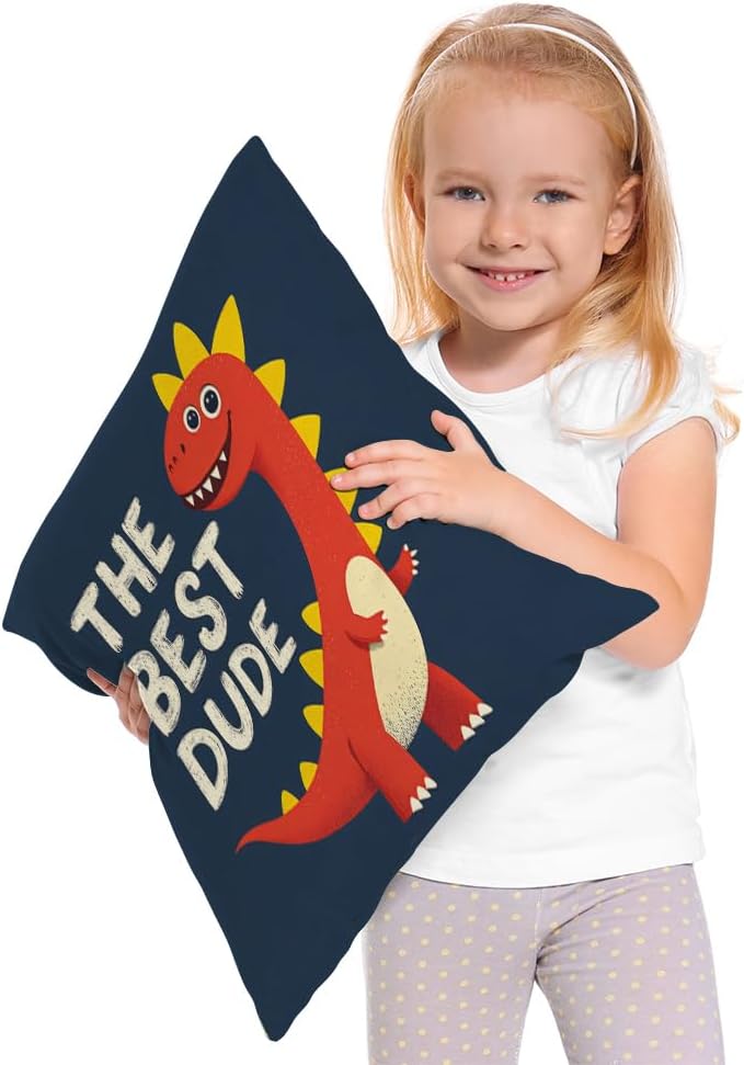 Moslion Dinosaur Throw Pillow Case Cute Cartoon Wild Safari Animal Red Dinosaur Pillow Cover Decorative Square Cushion Accent Cotton Linen 18x18 Inch for Sofa Chair Navy Blue - Image 2